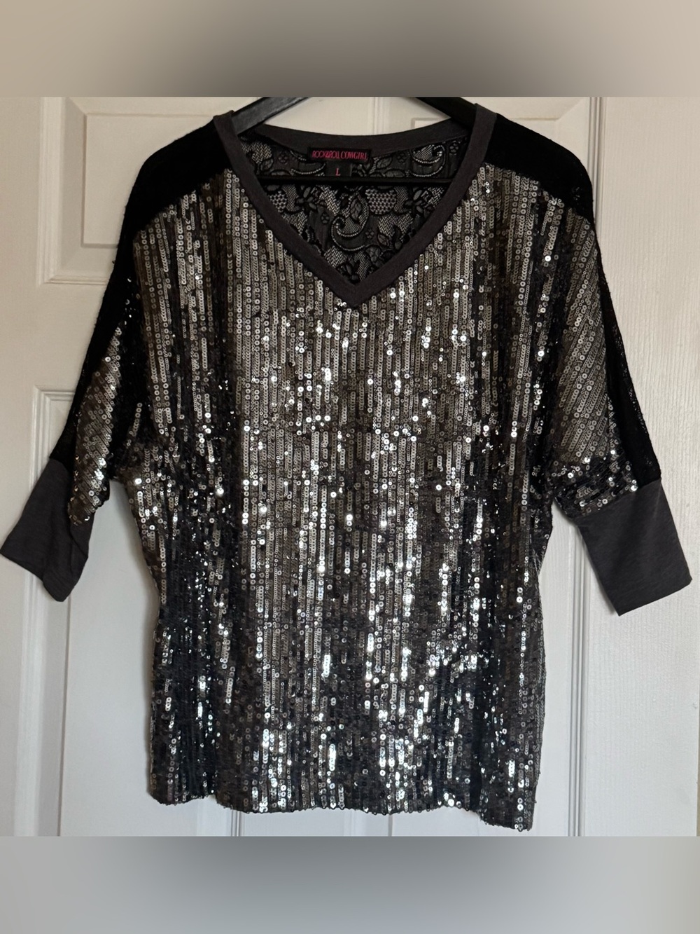 Rock & Roll Cowgirl Black & Silver Sequin and Lace V-Neck Top